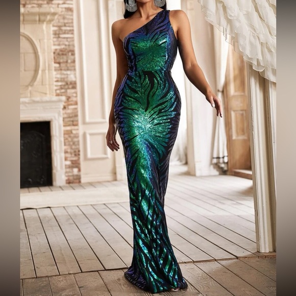 Luxe one shoulder prom bridesmaids formal sequins gown dress - Picture 5 of 9